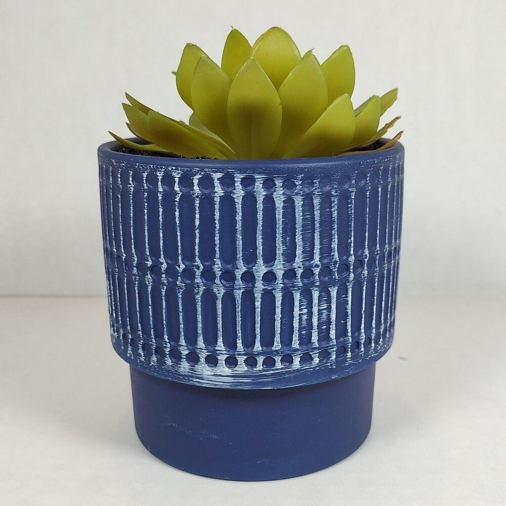 Artificial Fake Succulent Plant Blue Textured Ceramic Planter Whitewashed Desk - Picture 4 of 10